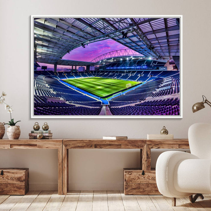 The FC Porto Soccer Team Dragon Stadium Wall Art Canvas Print decorates the room.