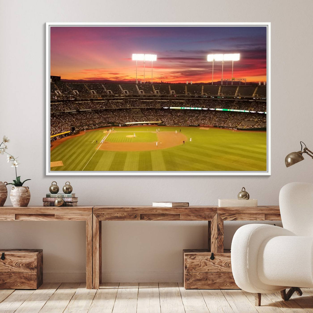 The Oakland Coliseum print is a museum-quality canvas depicting a full crowd and a sunset.