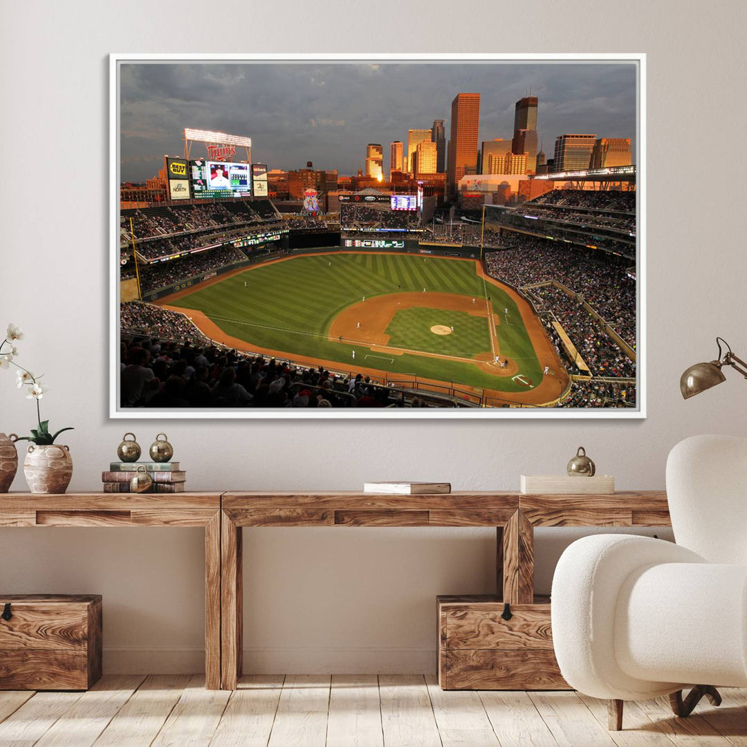 Baseball at Target Field, sunset game, city skyline view.