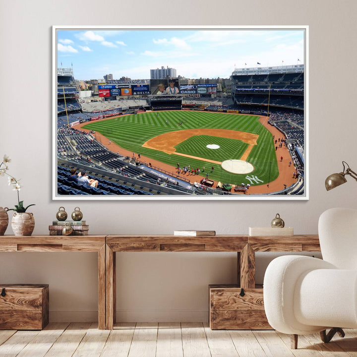 The living room features a Buffalo Bills Stadium wall art.
