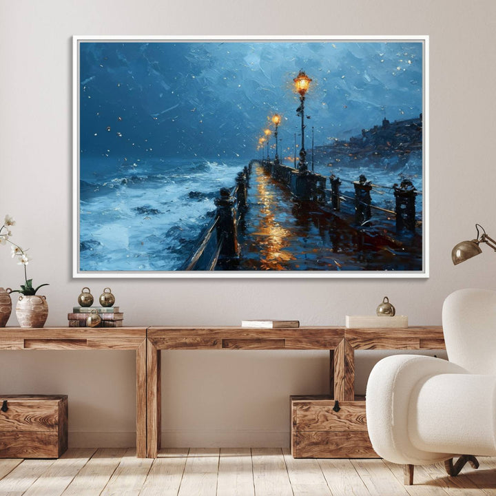 A framed oil painting depicts a stormy night at a beach pier, with glowing lamps and waves beneath a snow-filled sky.