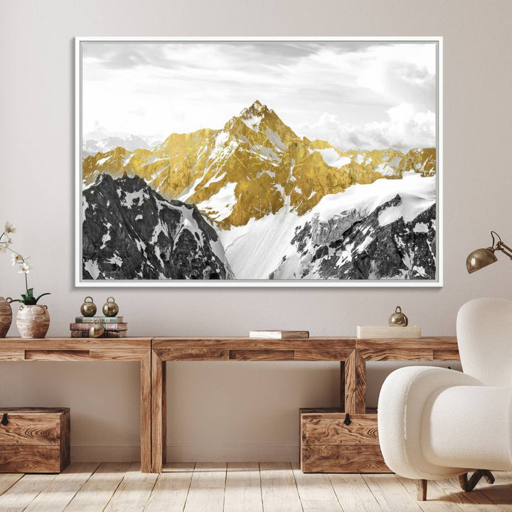 Gold Abstract Mountains Wall Art Print on Canvas.