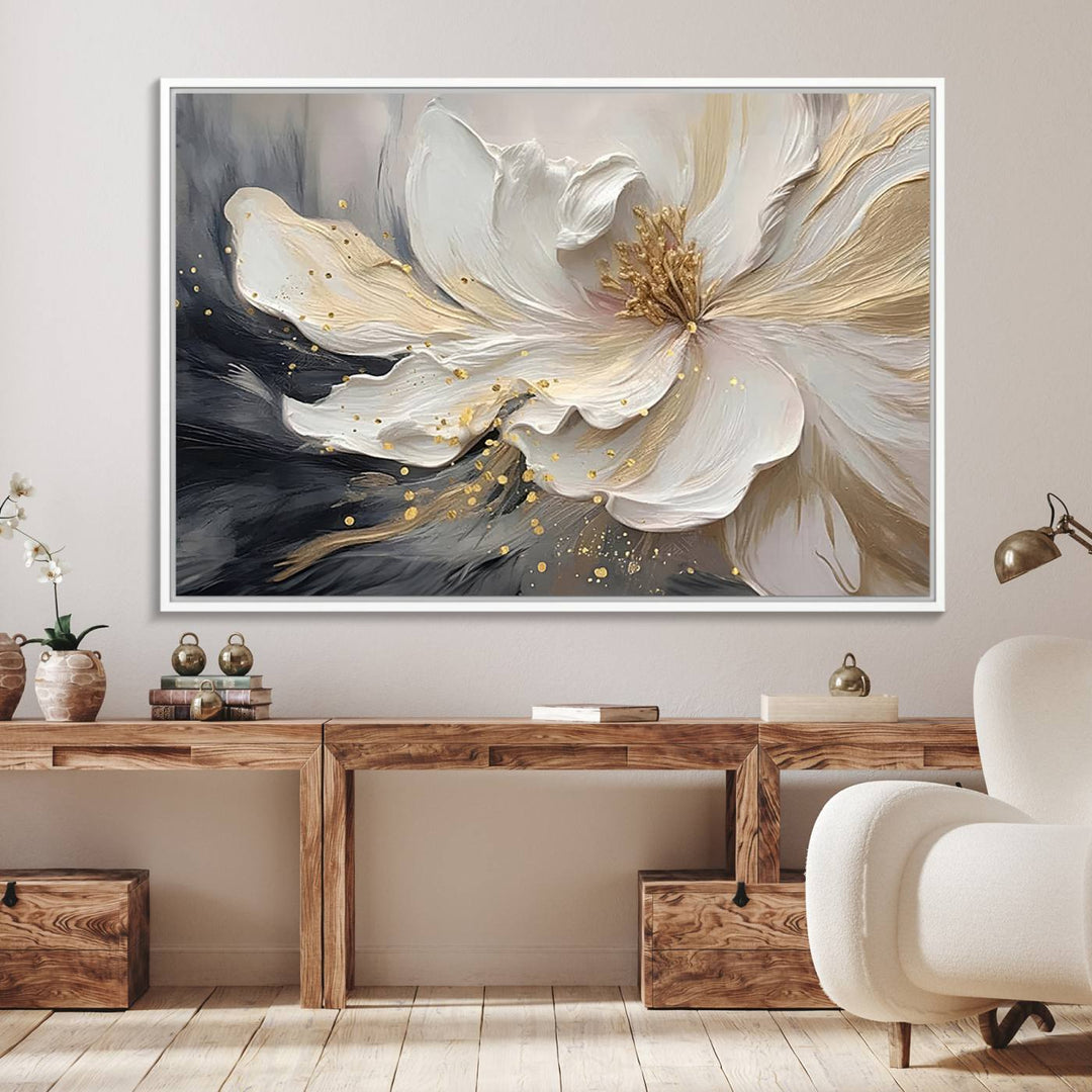 The abstract floral wall art canvas print features a large flower with gold accents.