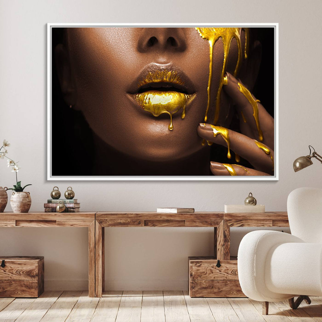 African American Art Canvas Print of a Black Woman with Gold Lips.