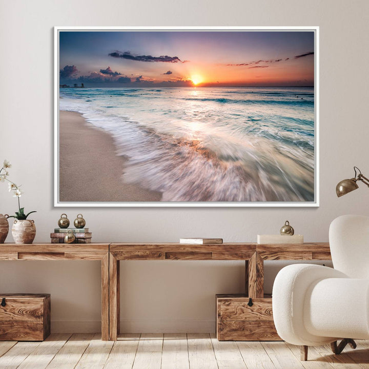 The Sunset Beach Wall Art adds tranquility to the living room.