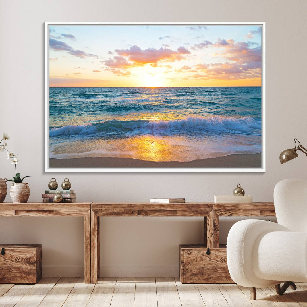 The Golden Sunset Over Ocean Waves painting depicts a vibrant sky.