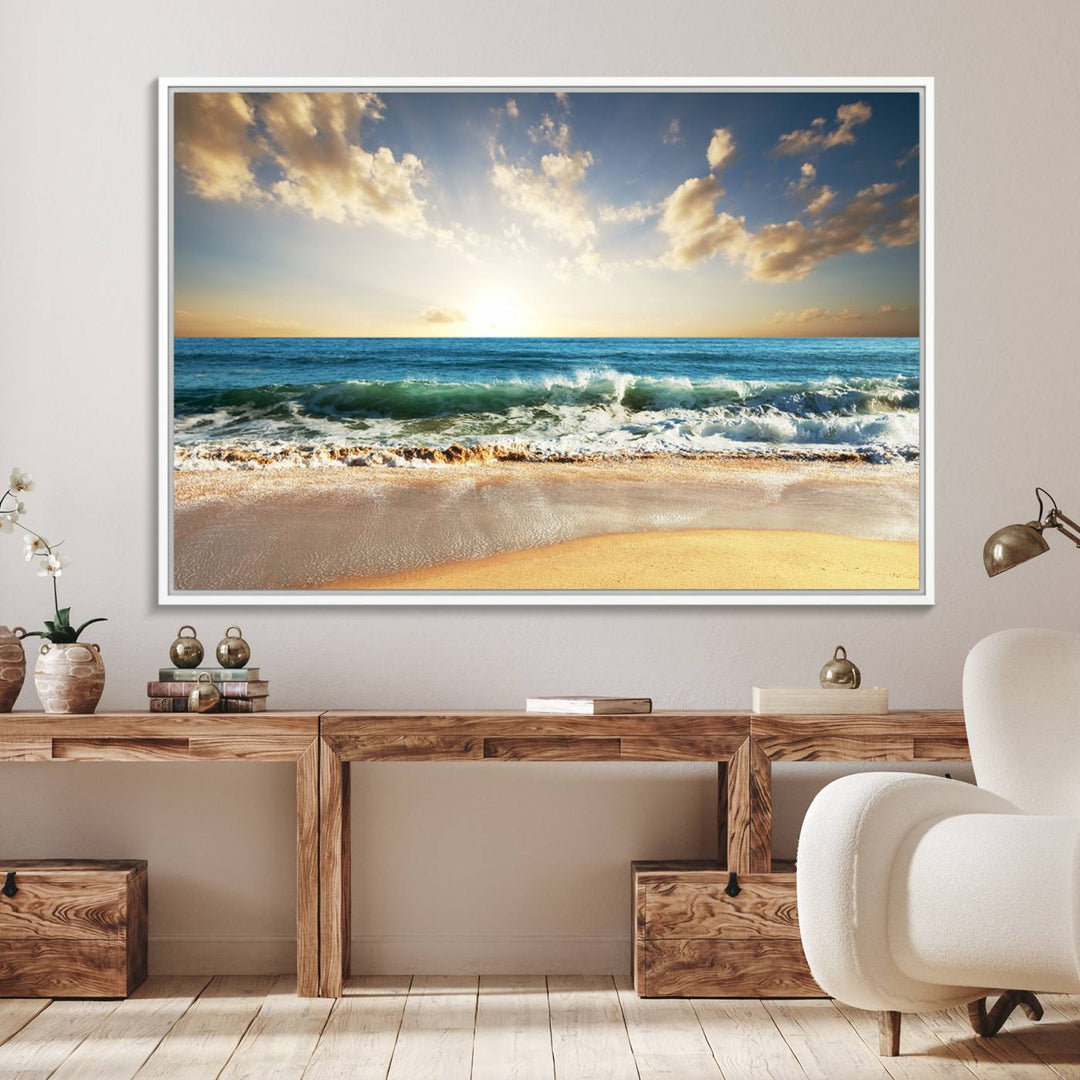 A Golden Sunset Beach triptych adorns the wall.