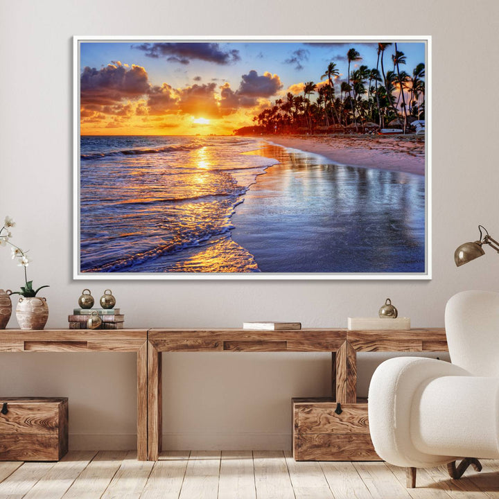 Serene Beach Sunset Wall Art Canvas featuring ocean waves hangs prominently.