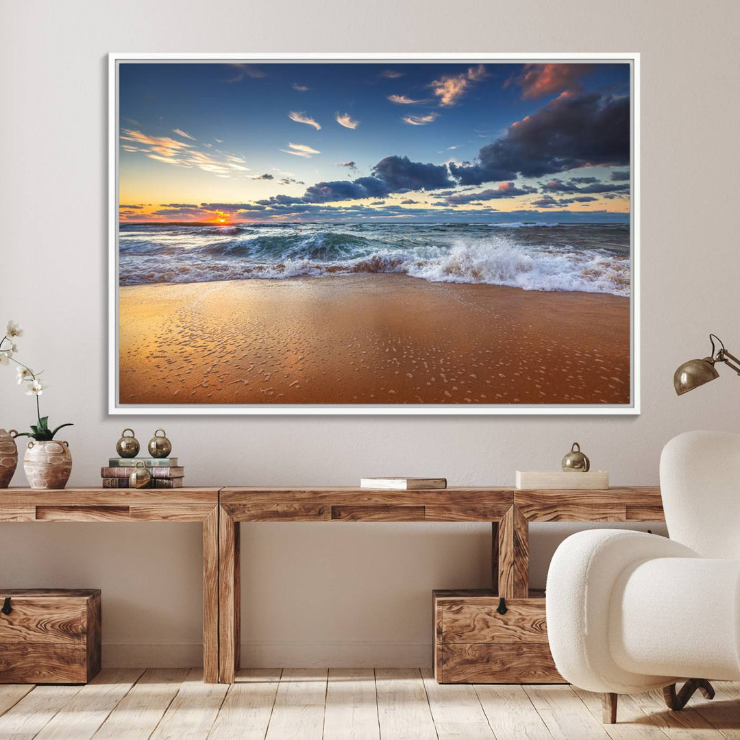 A Beach Canvas Wall Art depicting ocean waves and a tranquil sunset hangs above, capturing the serene beauty of coastal scenery.