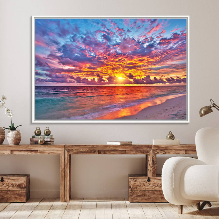 The Vibrant Sunset Beach Wall Art hangs prominently on the wall.