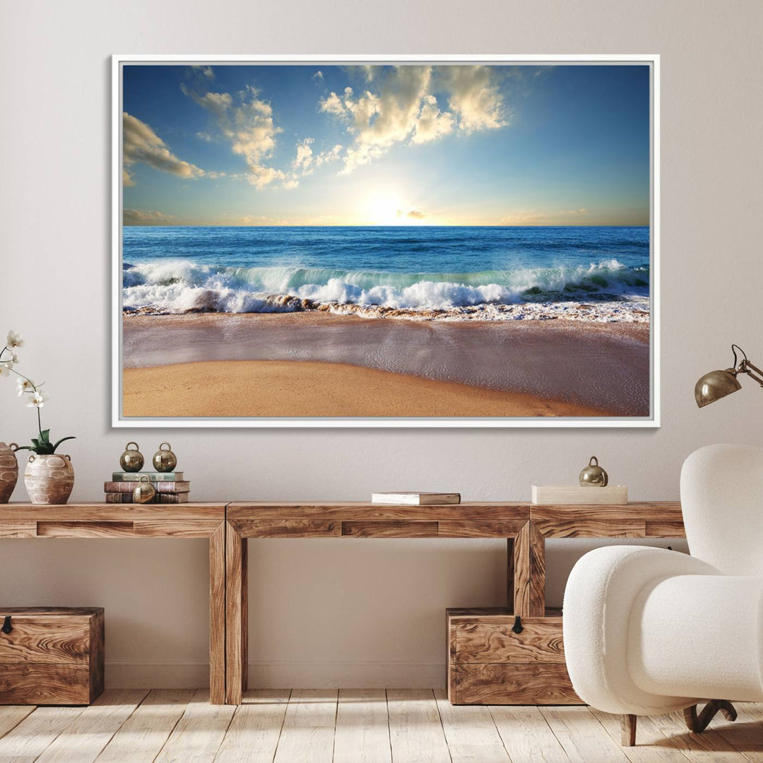 Serene Ocean Sunset Canvas Wall Art with beach waves at sunset.