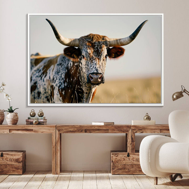 The Texas Bull Longhorn Wall Art Canvas Print is perfect for farmhouse decor.