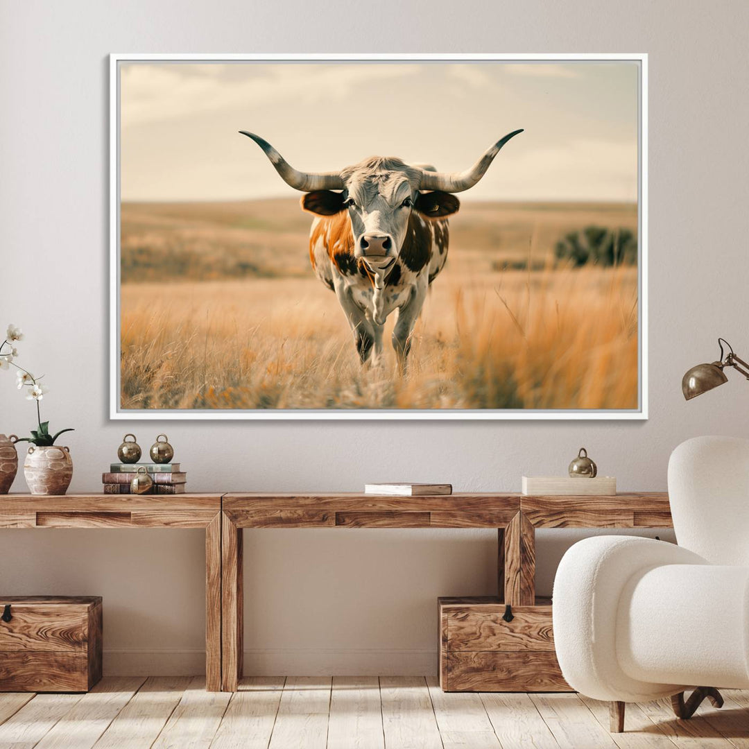 The Texas Cow Longhorn Wall Art Canvas adds rustic charm to the decor.