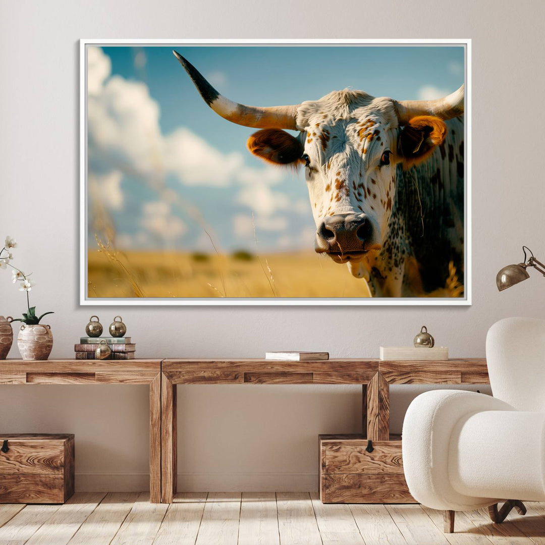 The Longhorn in the Prairie triptych cowboy wall art is ideal for western decor.