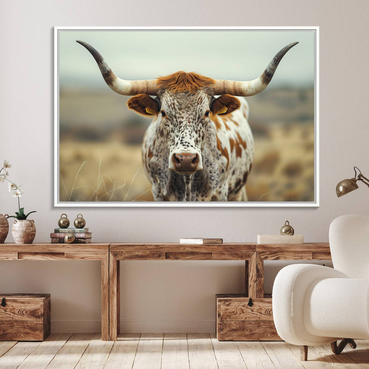 The Texas Cow Longhorn Canvas Print hangs, adding Western elegance.