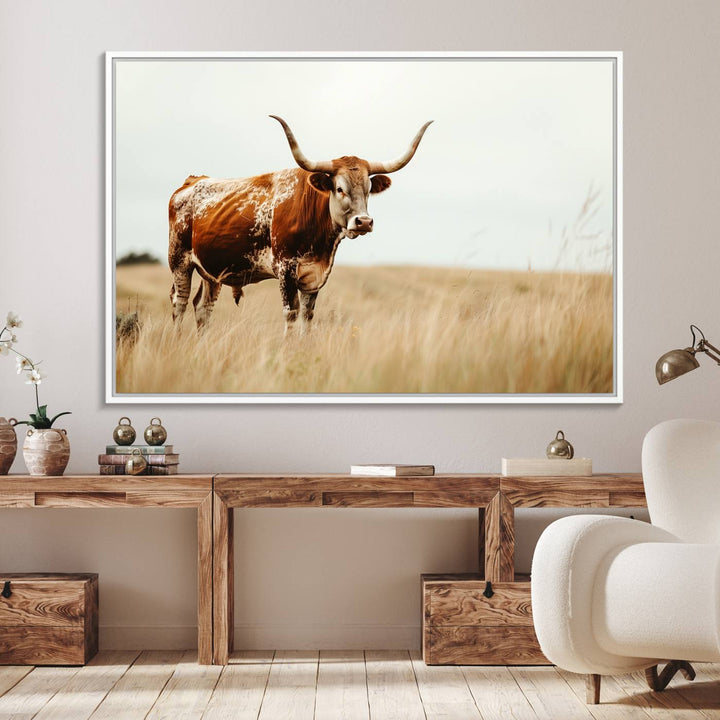 The Texas Longhorn canvas wall art print enhances a rustic farmhouse decor setting.