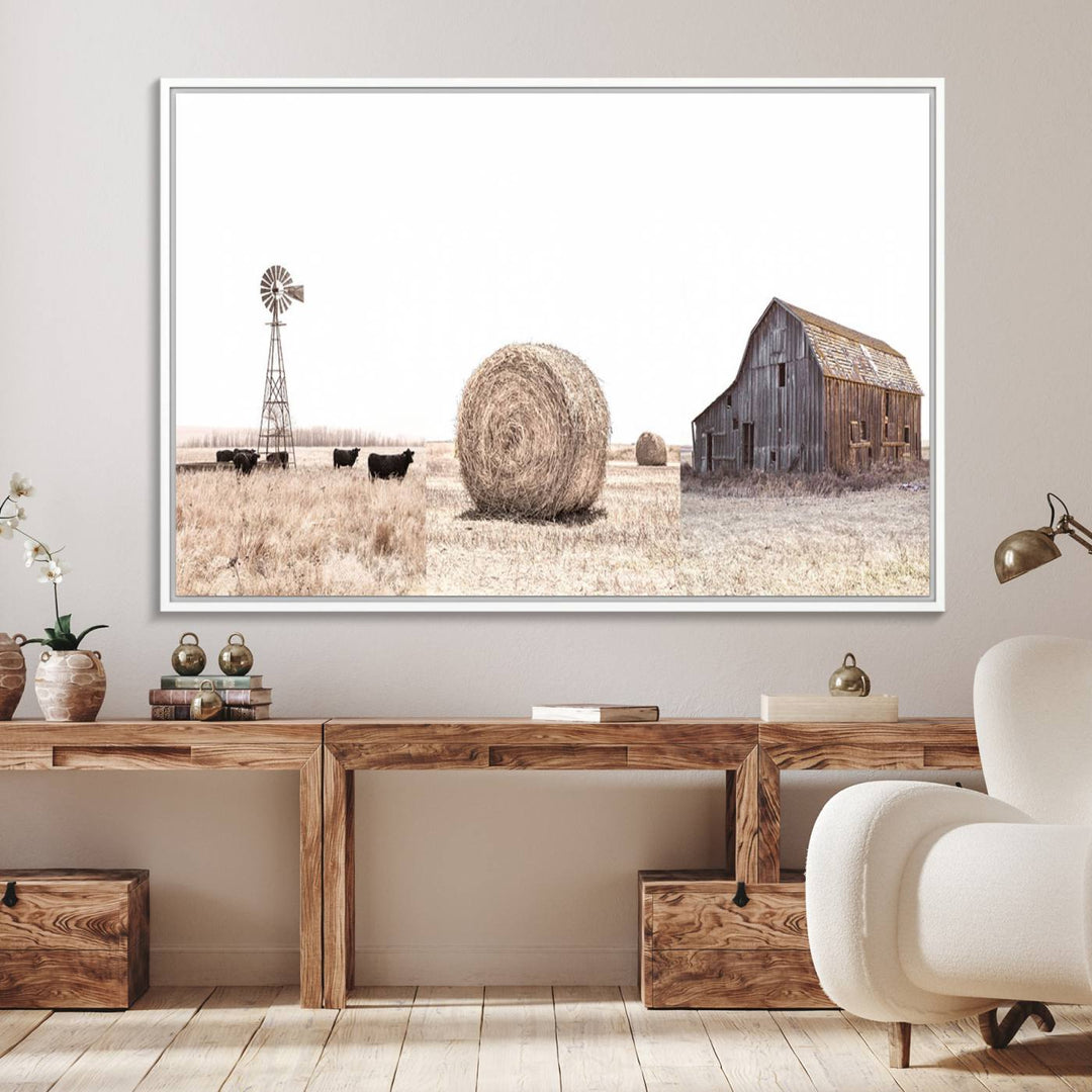 Above the couch, a Rustic Farmhouse Wall Art set depicts a barn and wheat field.