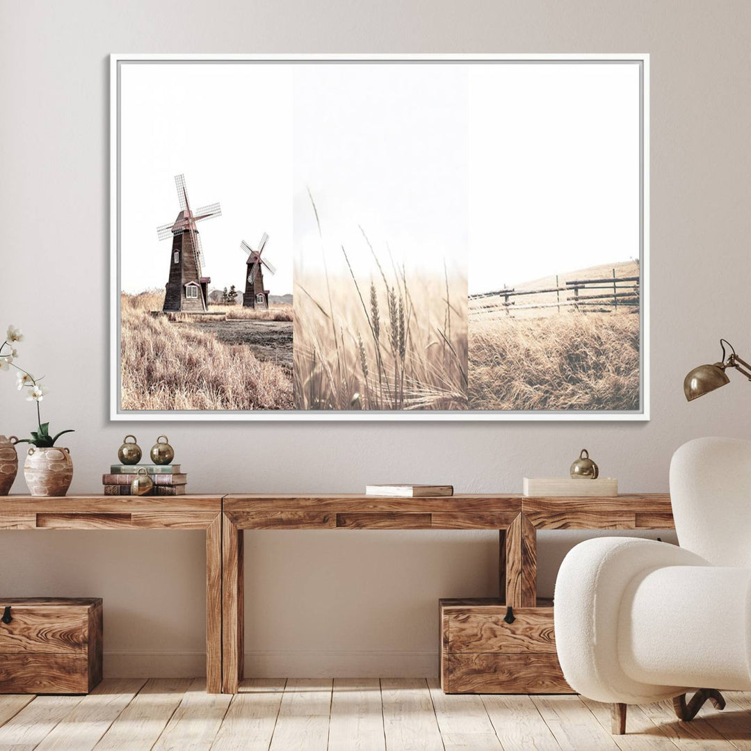 Farmhouse wall art set: 3 giclee canvas prints featuring windmills and wheat fields.