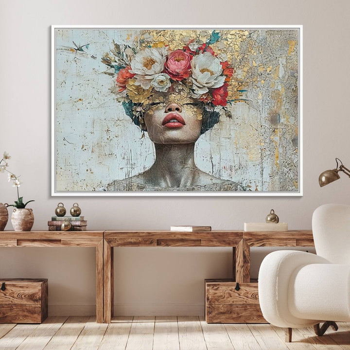 Golden Petal Canvas Print of a silhouette woman with a floral head creates a captivating focal point in the space.