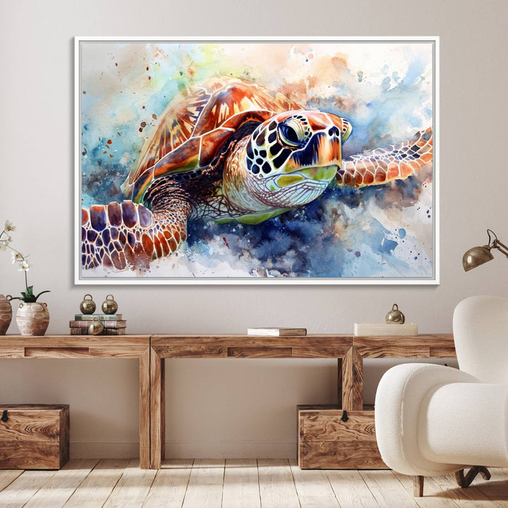 A Watercolor Sea Turtle Canvas Print with vibrant ocean colors adorns the wall.