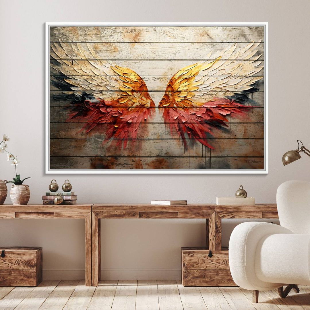 Abstract Angel Wings Canvas Art on a wooden backdrop.