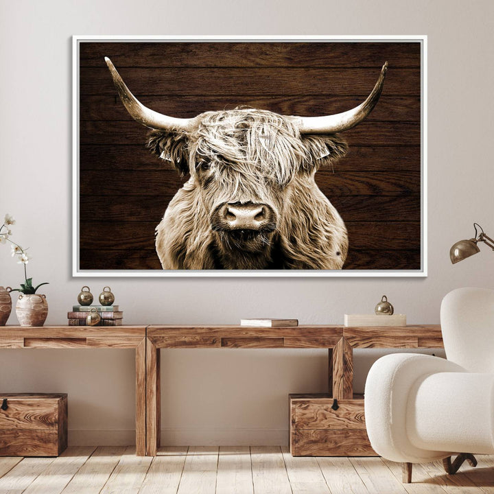 Highland Cow Wall Art Canvas Print: Majestic Scottish bull on rustic decor, ready to hang.