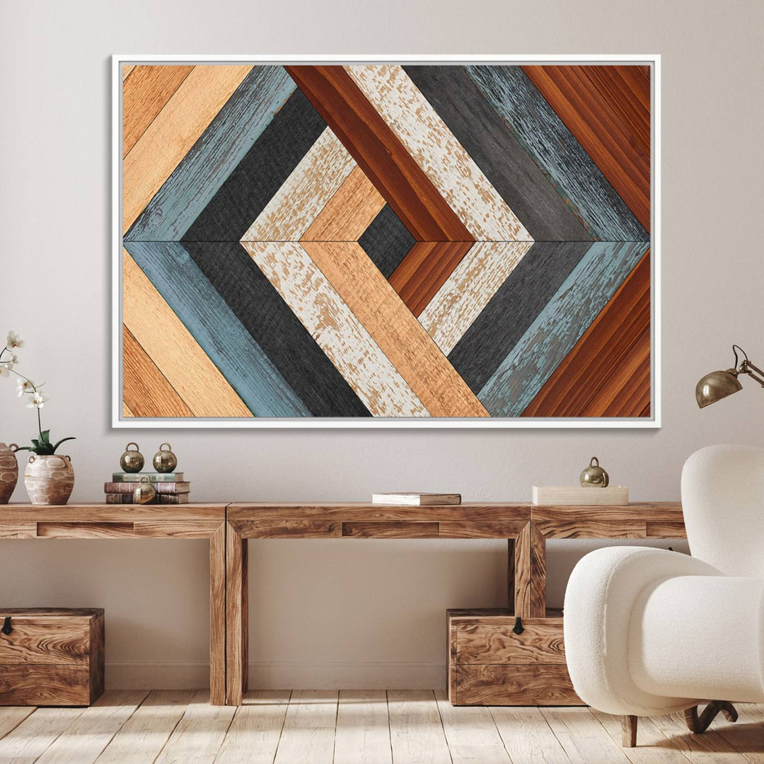 A Geometric Wood Art Wall Decor with a rustic pattern hangs prominently.