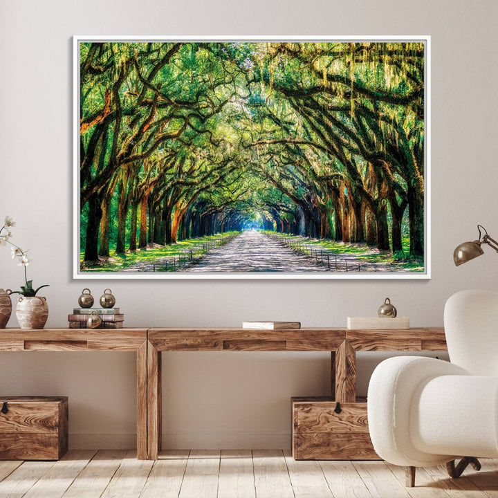 The Serene Tree Tunnel Canvas Print decorates the wall.