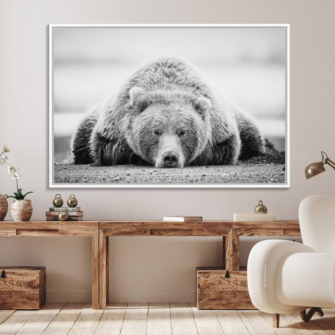 Resting Grizzly Bear wall art displayed in a modern room.