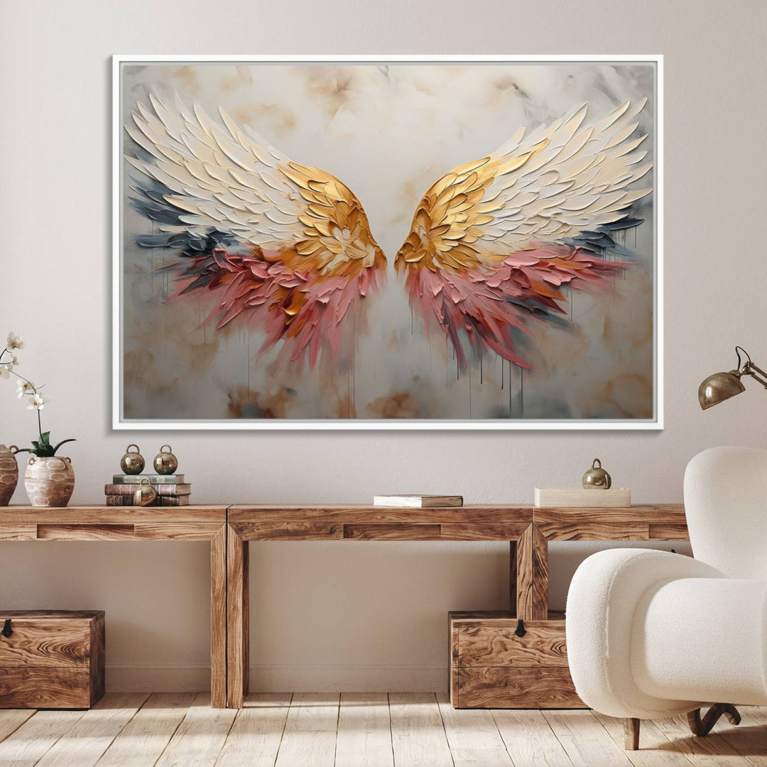 The Golden Angel Wings canvas print elegantly adorns the wall.