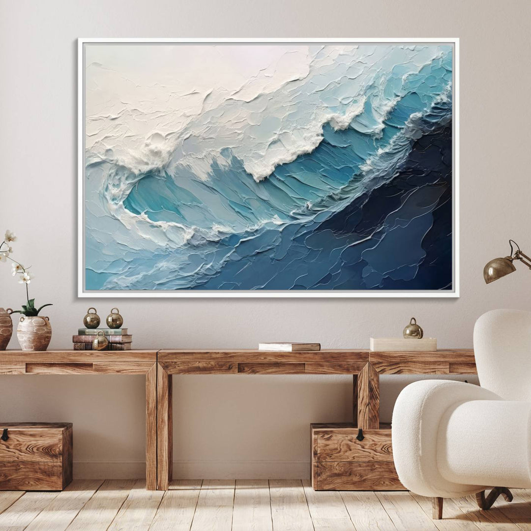 A Blue Abstract Wave Ocean Wall Art Canvas Print adorns the wall.