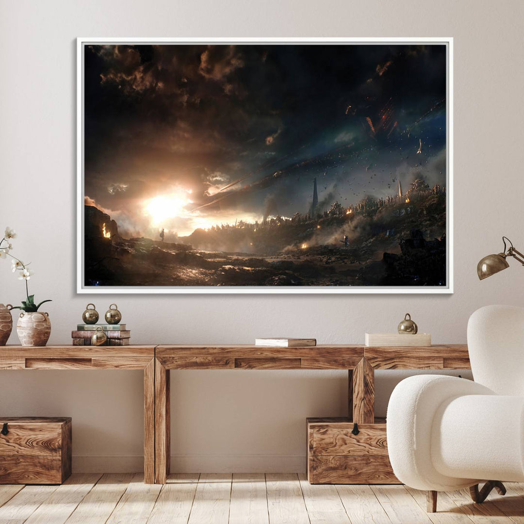 The Avengers Planet Wall Art Canvas Print depicts a stormy sky with figures.