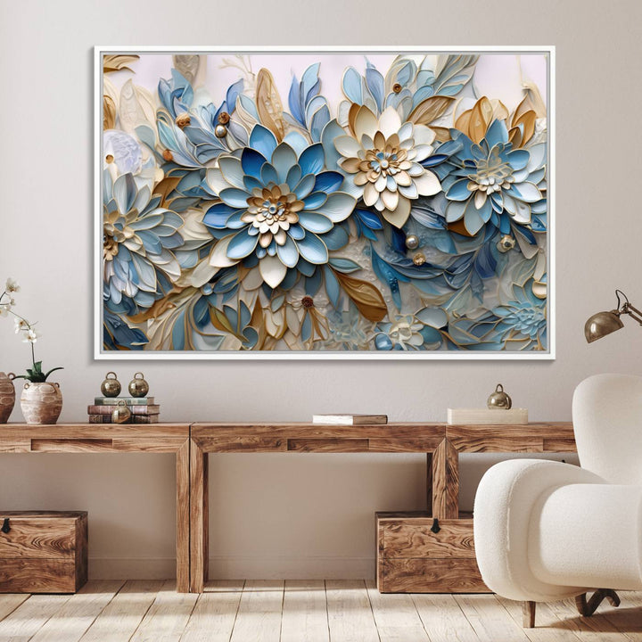 Blu Abstract Flower Canvas with blue, white, and gold petals—perfect home decor.