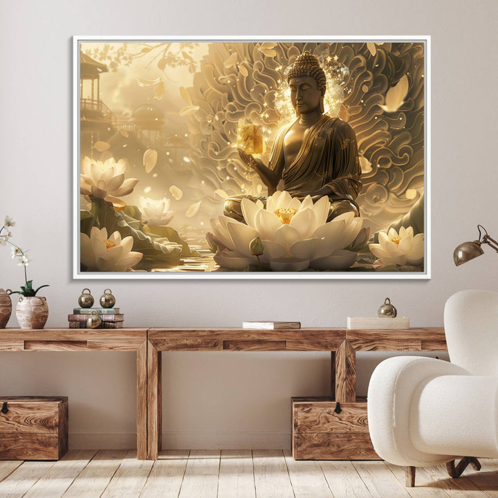 A framed Golden Buddha Wall Art with lotus flowers, ideal for meditation rooms, is beautifully displayed.