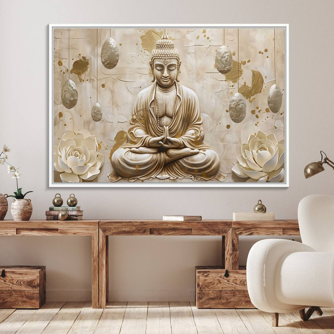 A modern Serene Buddha Wall Art, enhanced by lotus flowers, creates a tranquil atmosphere.