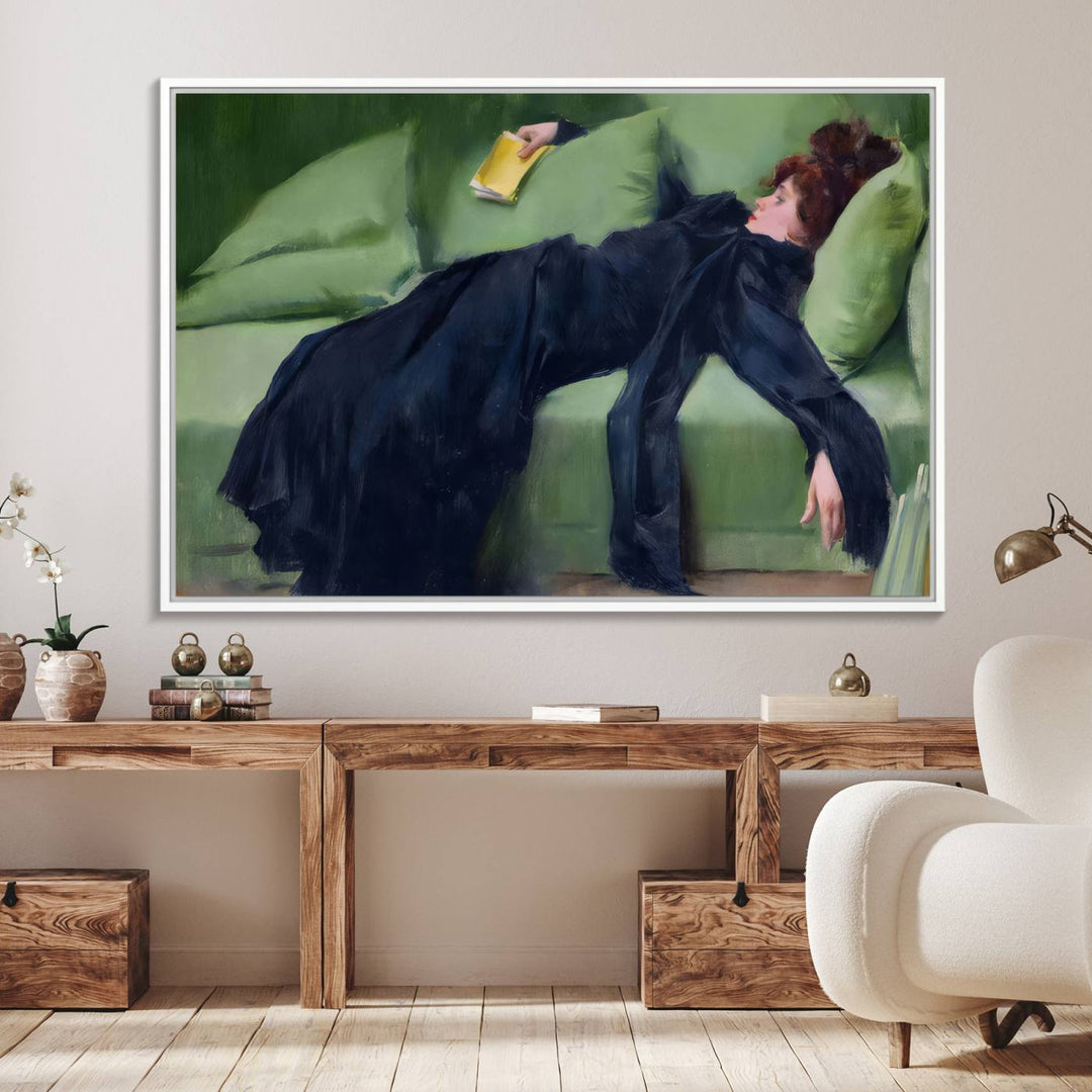 A modern kitchen features a Decadent Girl by Ramon Casas canvas print on the wall.