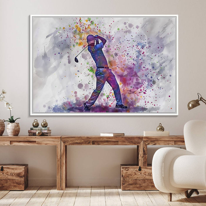 Vibrant abstract silhouette of a golf swing on white with multicolored splatters. Perfect for enthusiasts!.