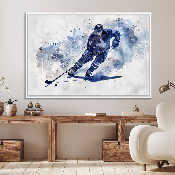 Vibrant Hockey Player Wall Art Display: Blue watercolor print.