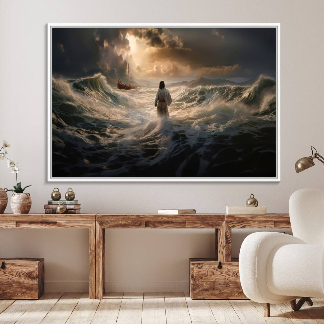 The wall art canvas print depicts a person in white striding on stormy ocean waves towards a sailboat under dramatic skies.