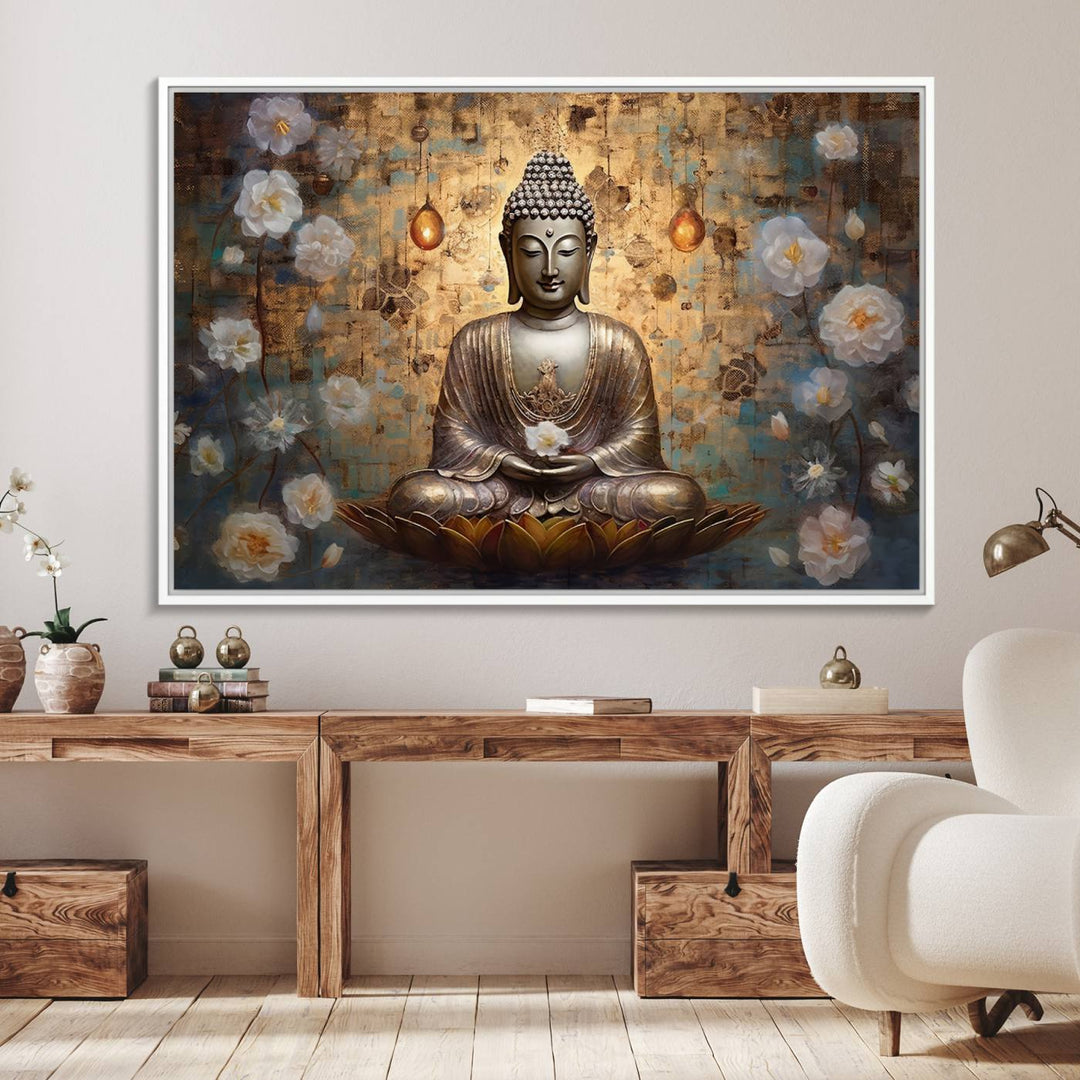 Golden Buddha wall art canvas print on a warm backdrop.