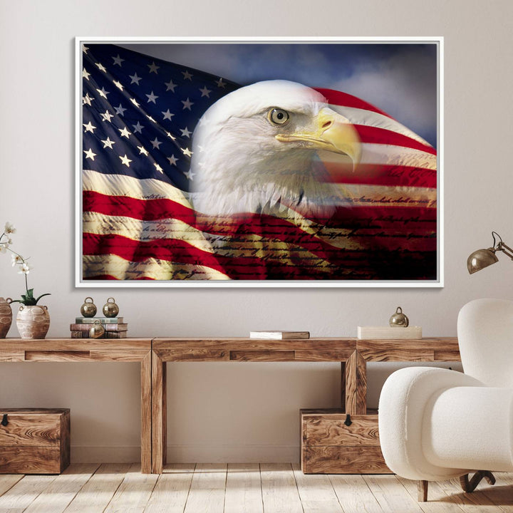 On the wall is an American Flag Eagle Symbol Wall Art Canvas Print.