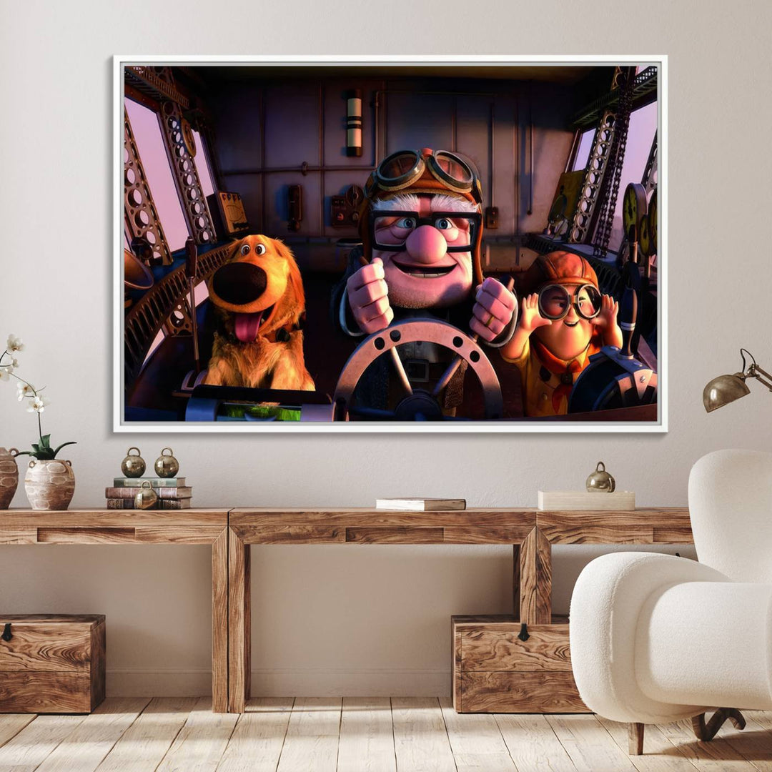 A man, boy, and dog flying a plane are depicted in the Carl Russel & Dog Movie Up wall art.