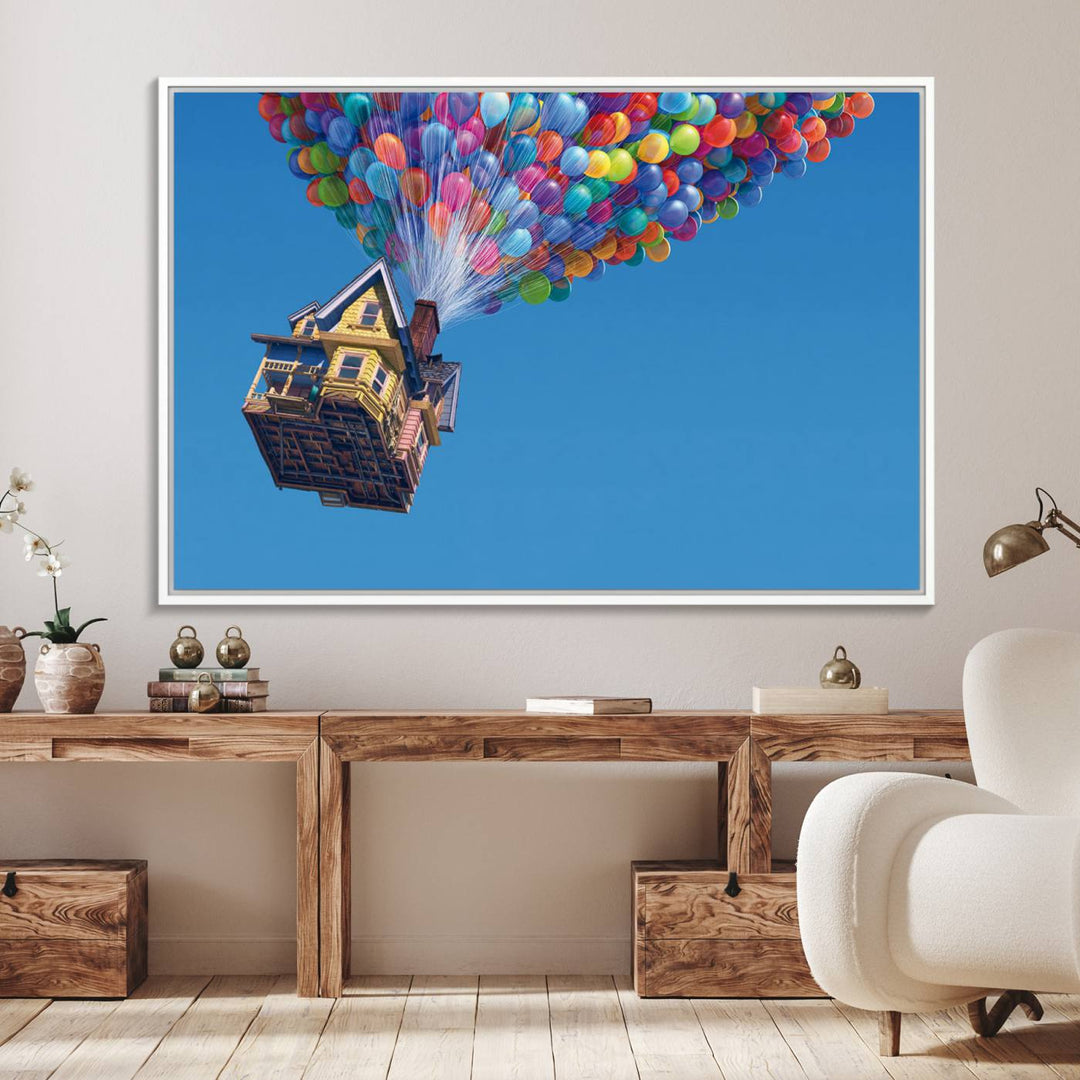 The Up house floats skyward, making it an ideal Carl Fredricksen wall art for kids rooms.