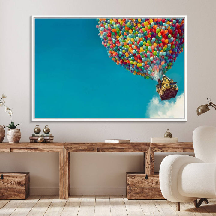 The Carl Fredricksen Up Movie Wall Art, featuring a colorful balloon house, adds vibrant decor to the space.