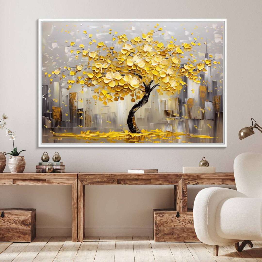 Golden Tree Canvas Print: Abstract wall art featuring golden leaves over a cityscape, ideal for modern homes. Ready to hang.