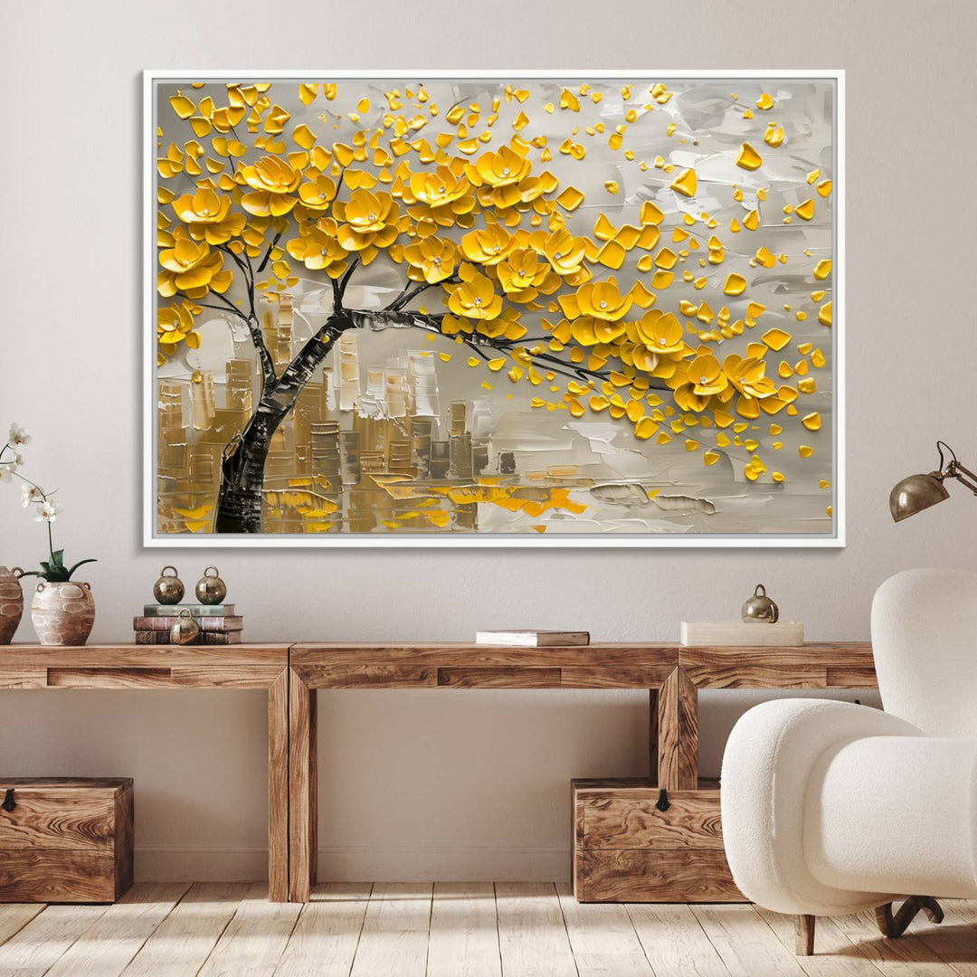 The living room showcases a Yellow Blossom Tree Canvas Wall Art, modern and floral.