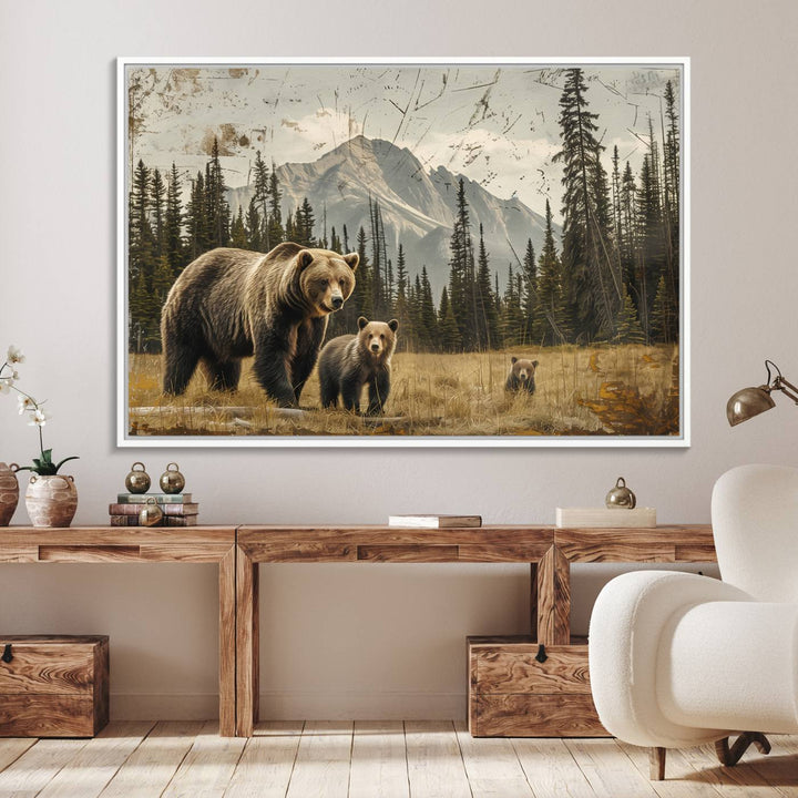 Rustic Grizzly 399: Bear Family Wall Art Canvas Print.