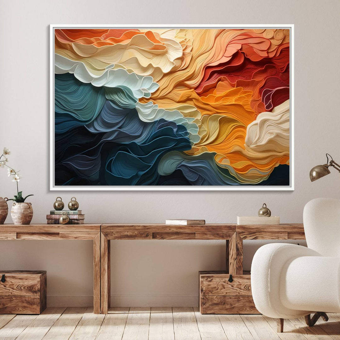 Blue Orange Abstract Wave Wall Art Canvas Print.