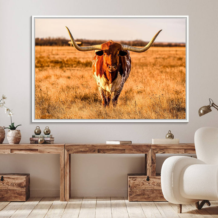 The Longhorn Cow Wall Art framed canvas brings rustic charm and farmhouse decor with its warm field scene.