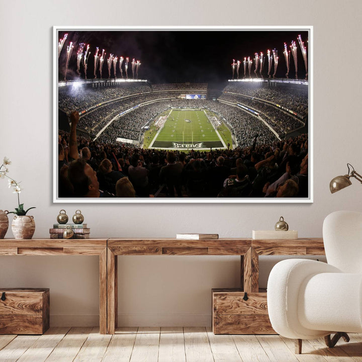 The wall art of Eagles Field Stadium showcases nighttime fireworks over a full stadium.